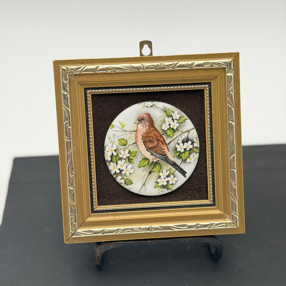 Vintage Framed Bird Porcelain Plaque Gold Ornate Wall Decor Mini Art Cottagecore